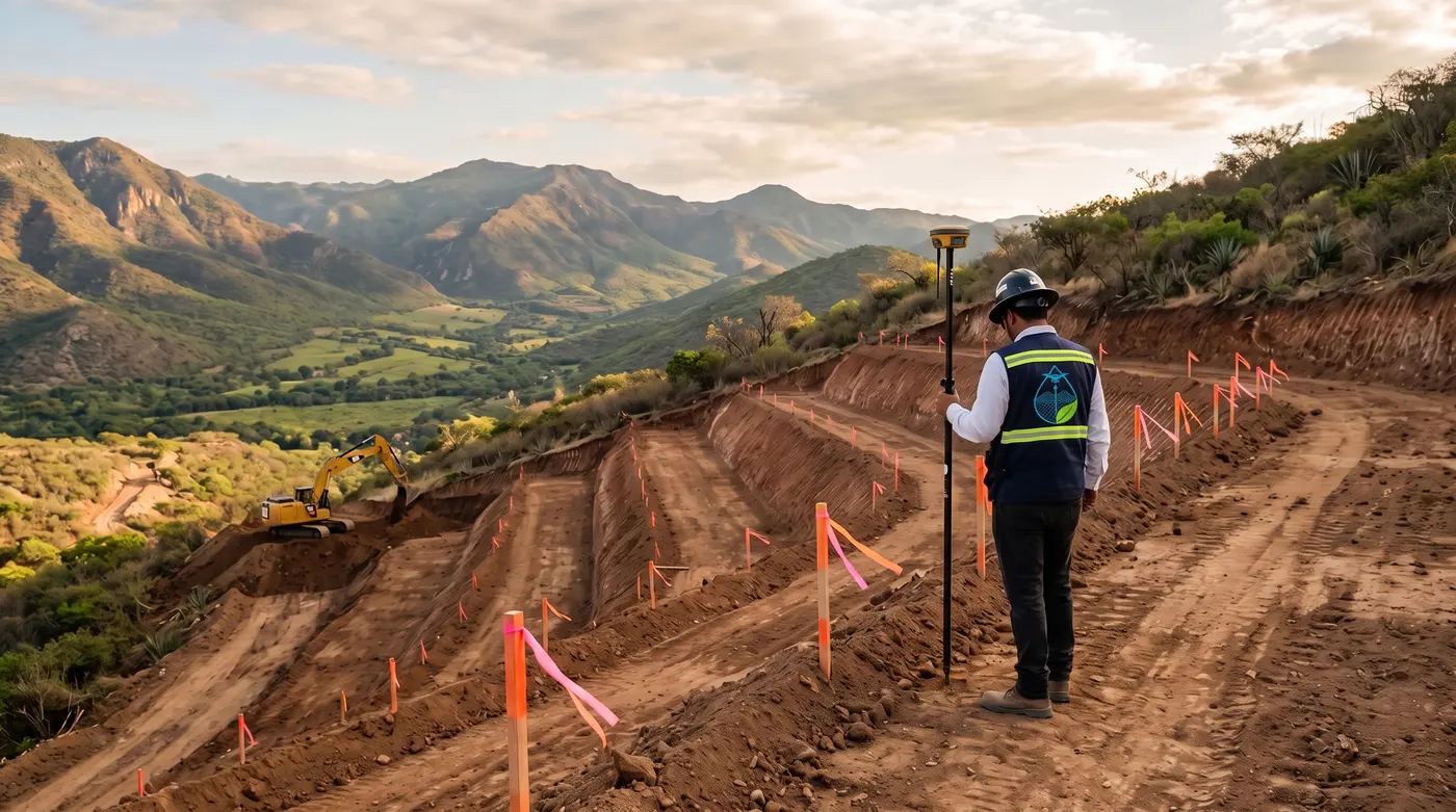 Terracerías escalonadas con estacas de nivel en una ladera
